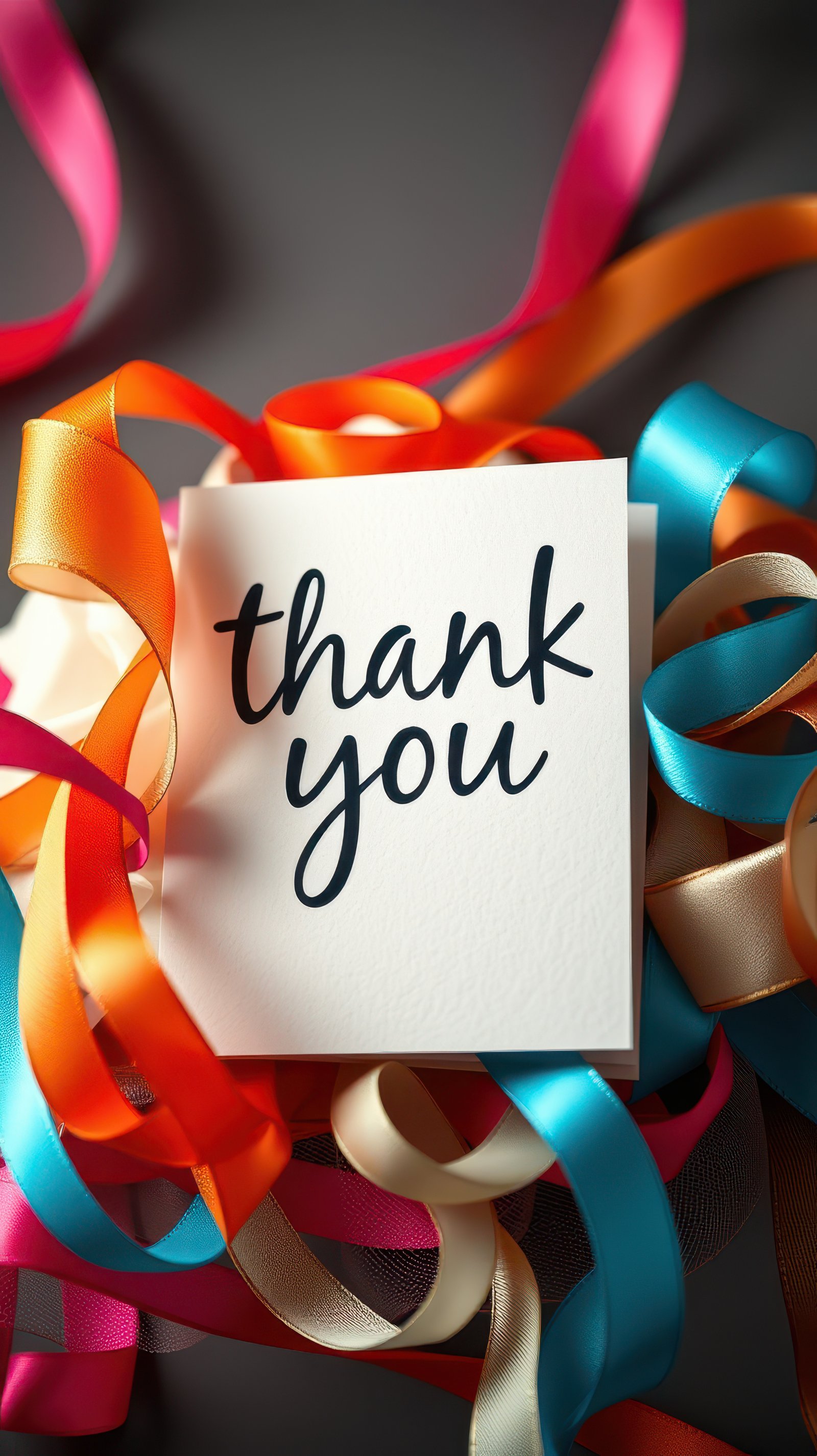 Thank you card surrounded by colorful ribbons on a dark surface showcasing a festive decoration setup